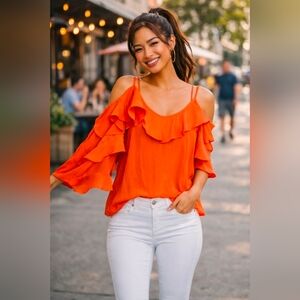 Alice & Trixie by Angela George Coral Ruffle Blouse Size L Boho Flutter Sleeve